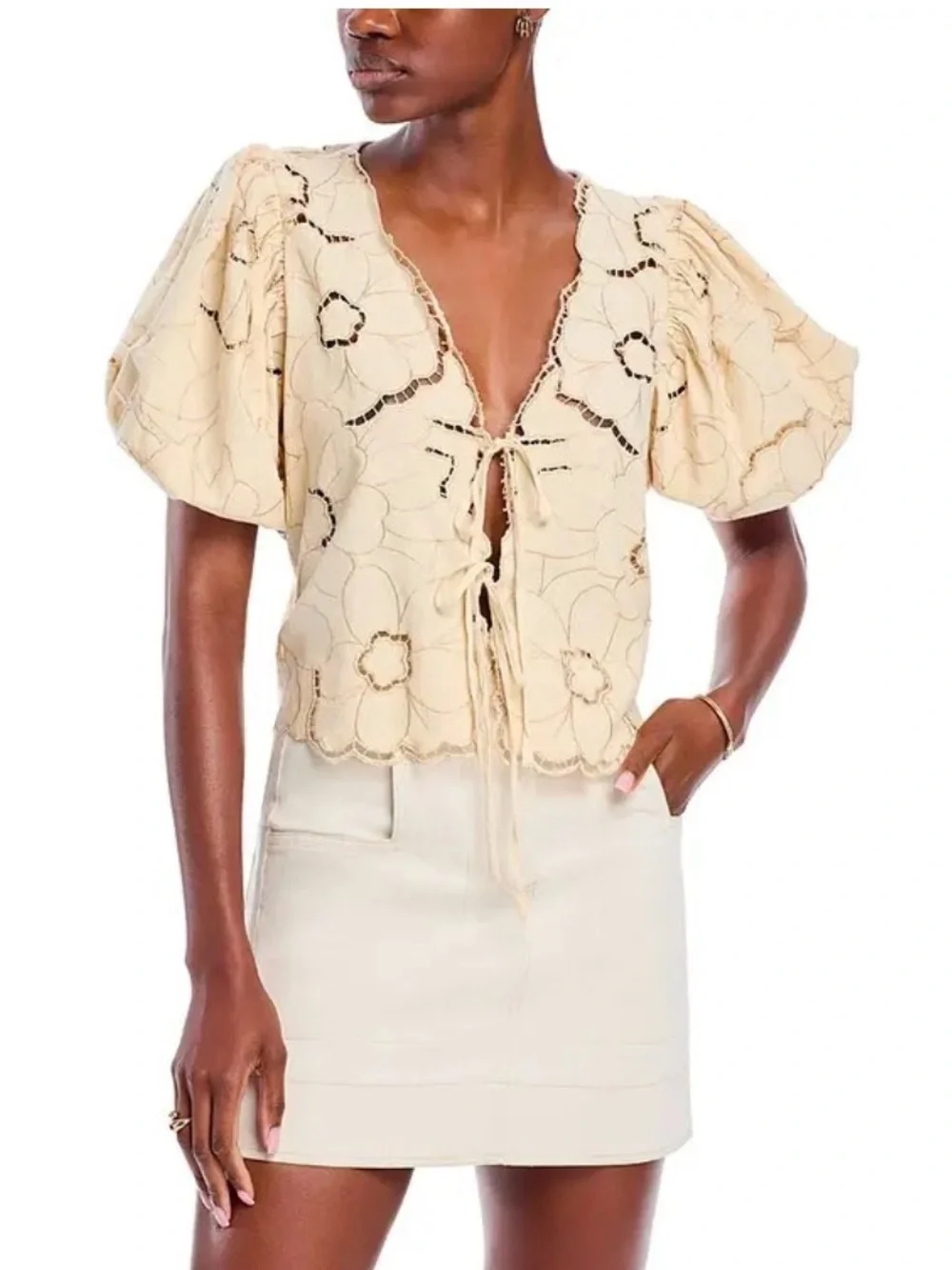 Free People Cream Eyelet Tie-Front Puff Sleeve Top